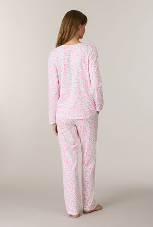 A lady wearing Sweet Rosebuds Cotton Long Pajama Set back view