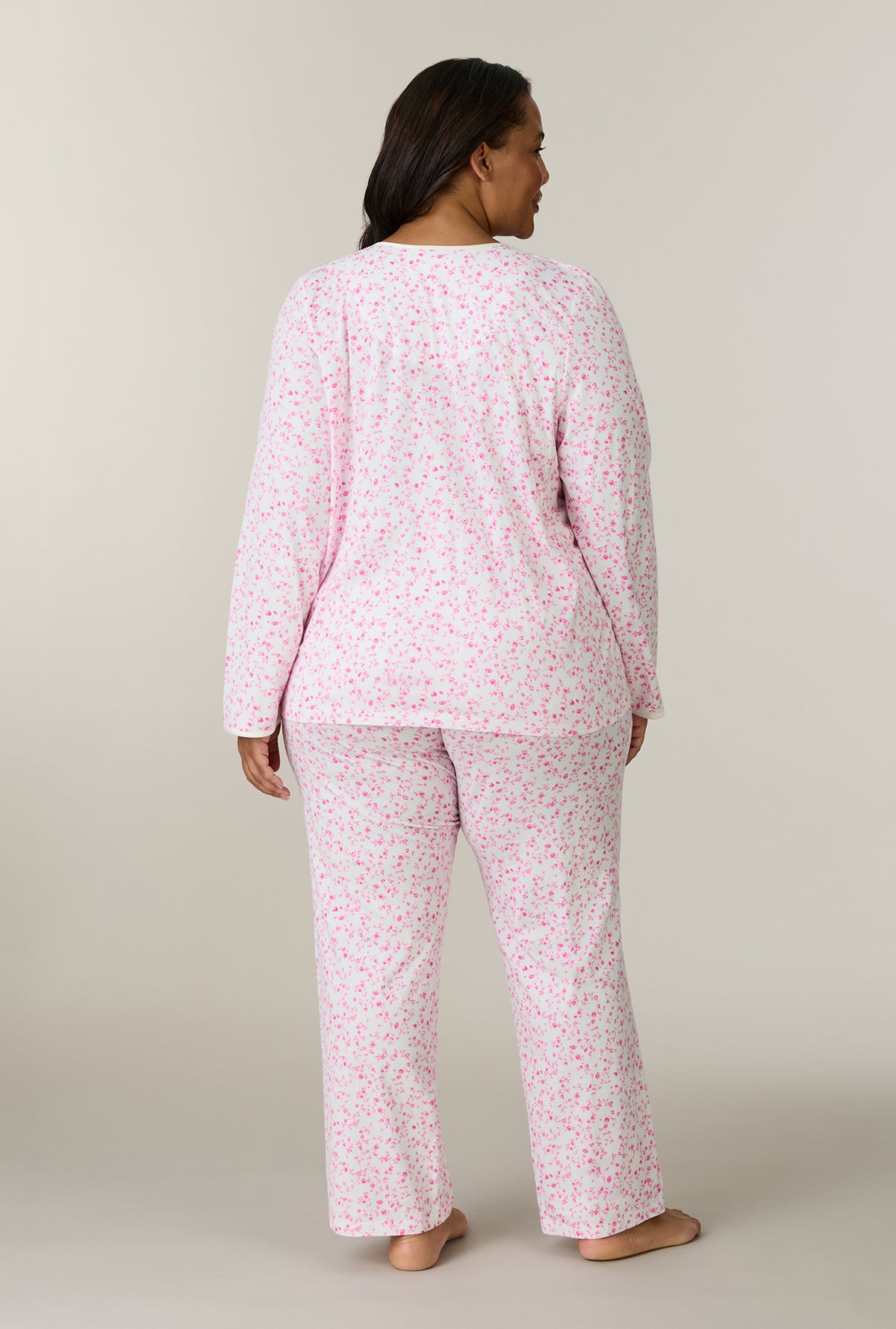 A lady wearing plus size Sweet Rosebuds Cotton Long Pajama Set back view
