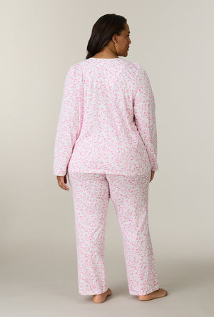 A lady wearing plus size Sweet Rosebuds Cotton Long Pajama Set back view