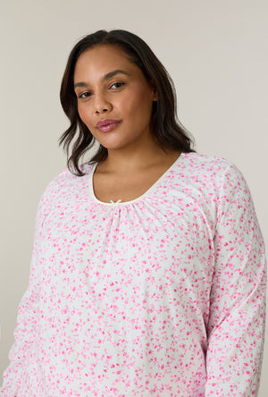 A lady wearing plus size Sweet Rosebuds Cotton Long Pajama Set closer look