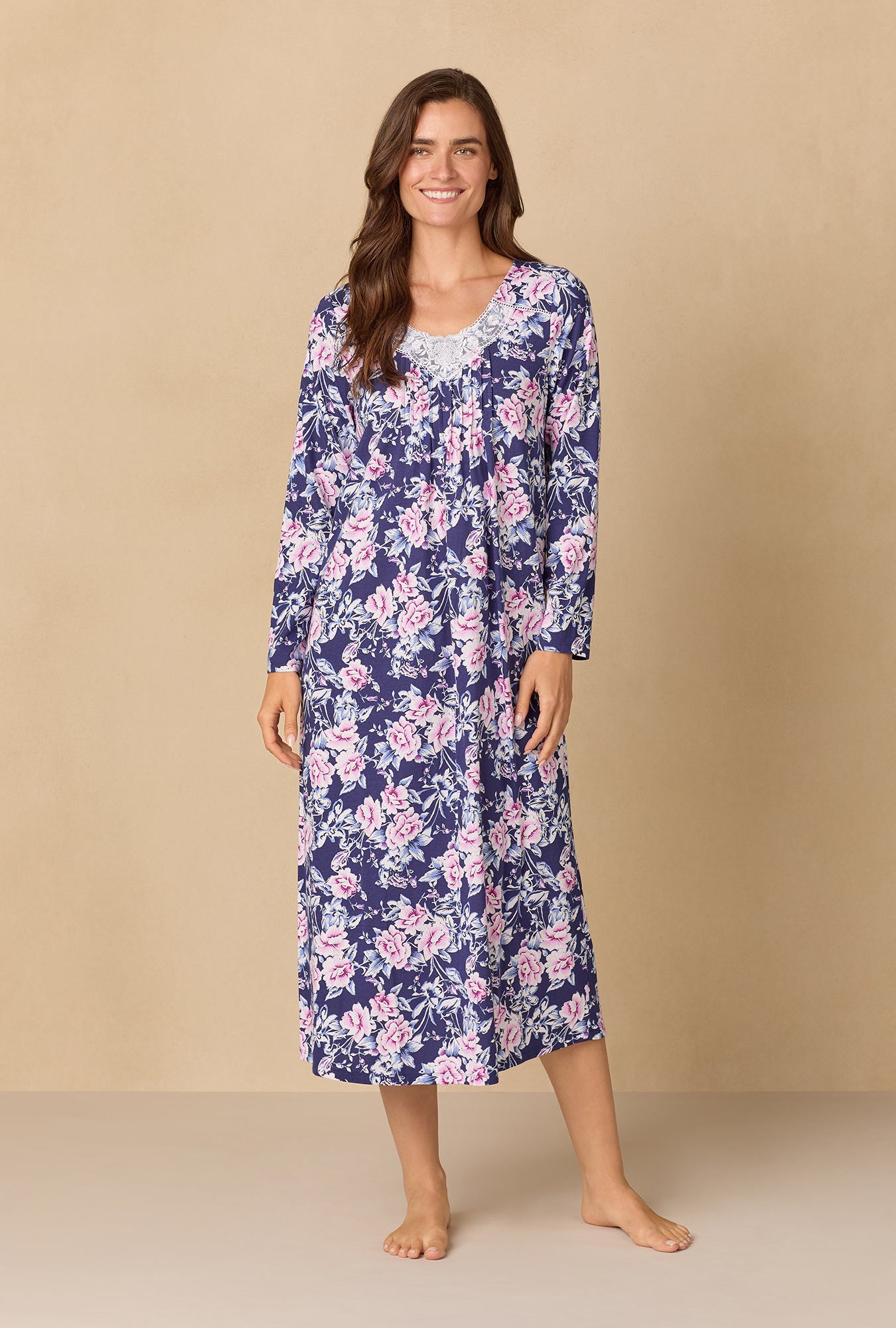 A lady wearing Midnight Garden Ballet Cotton Knit Nightgown