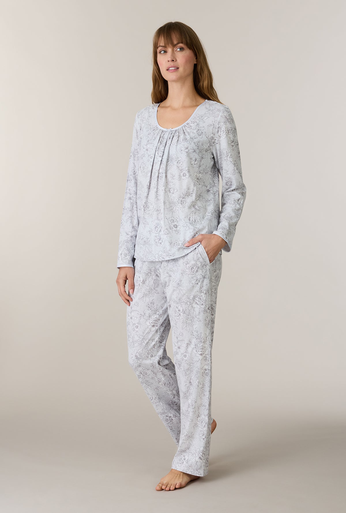 A lady wearing Whisper Garden Cotton Long Pajama Set