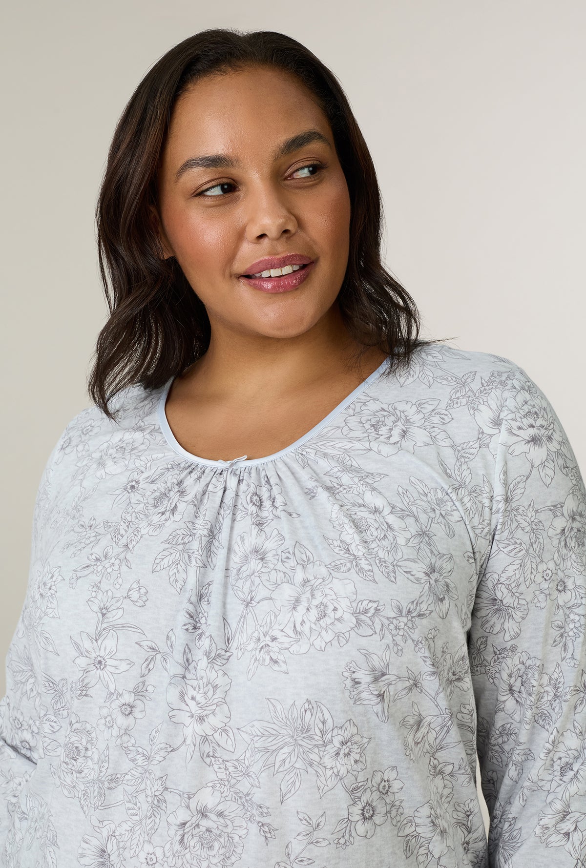 A lady wearing plus size Whisper Garden Cotton Long Pajama Set closer look
