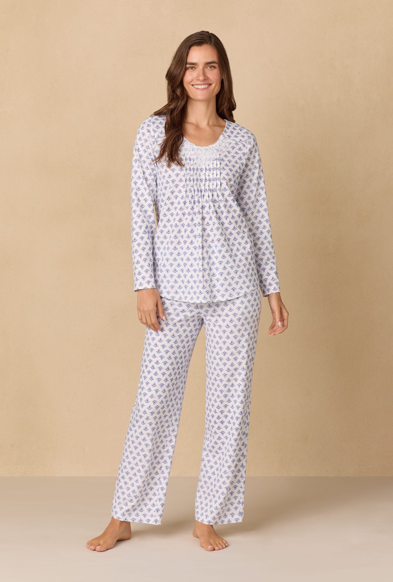 A lady wearing Blue Medallion Cotton Knit Long Pajama