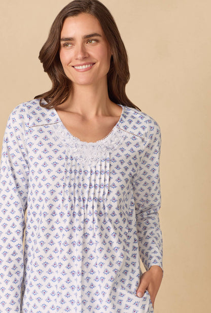 A lady wearing Blue Medallion Cotton Knit Long Pajama