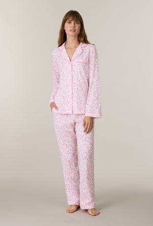 A lady wearing Sweet Rosebuds Cotton Notch Collar Long Pajama Set