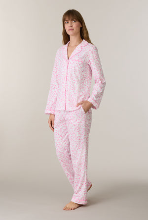 A lady wearing Sweet Rosebuds Cotton Notch Collar Long Pajama Set looking up