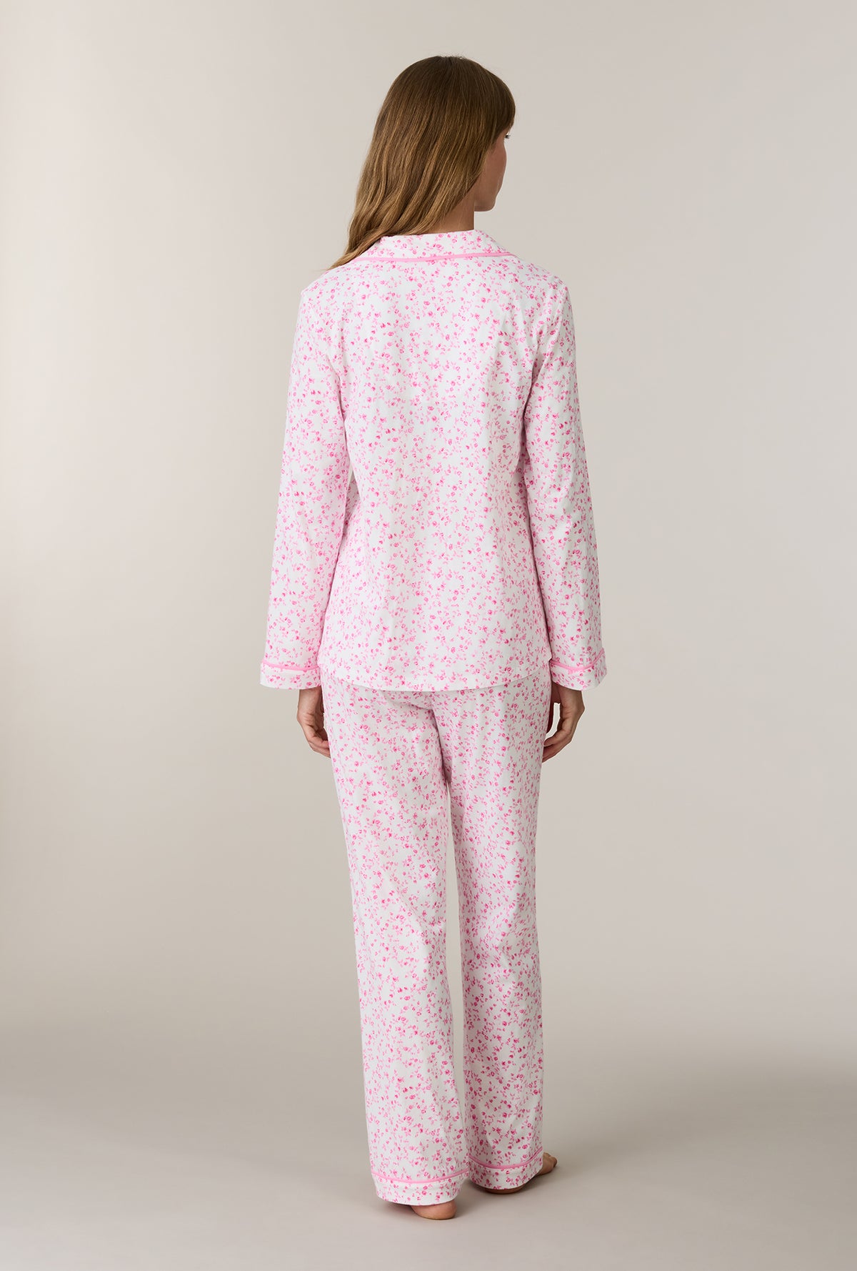 A lady wearing Sweet Rosebuds Cotton Notch Collar Long Pajama Set back view