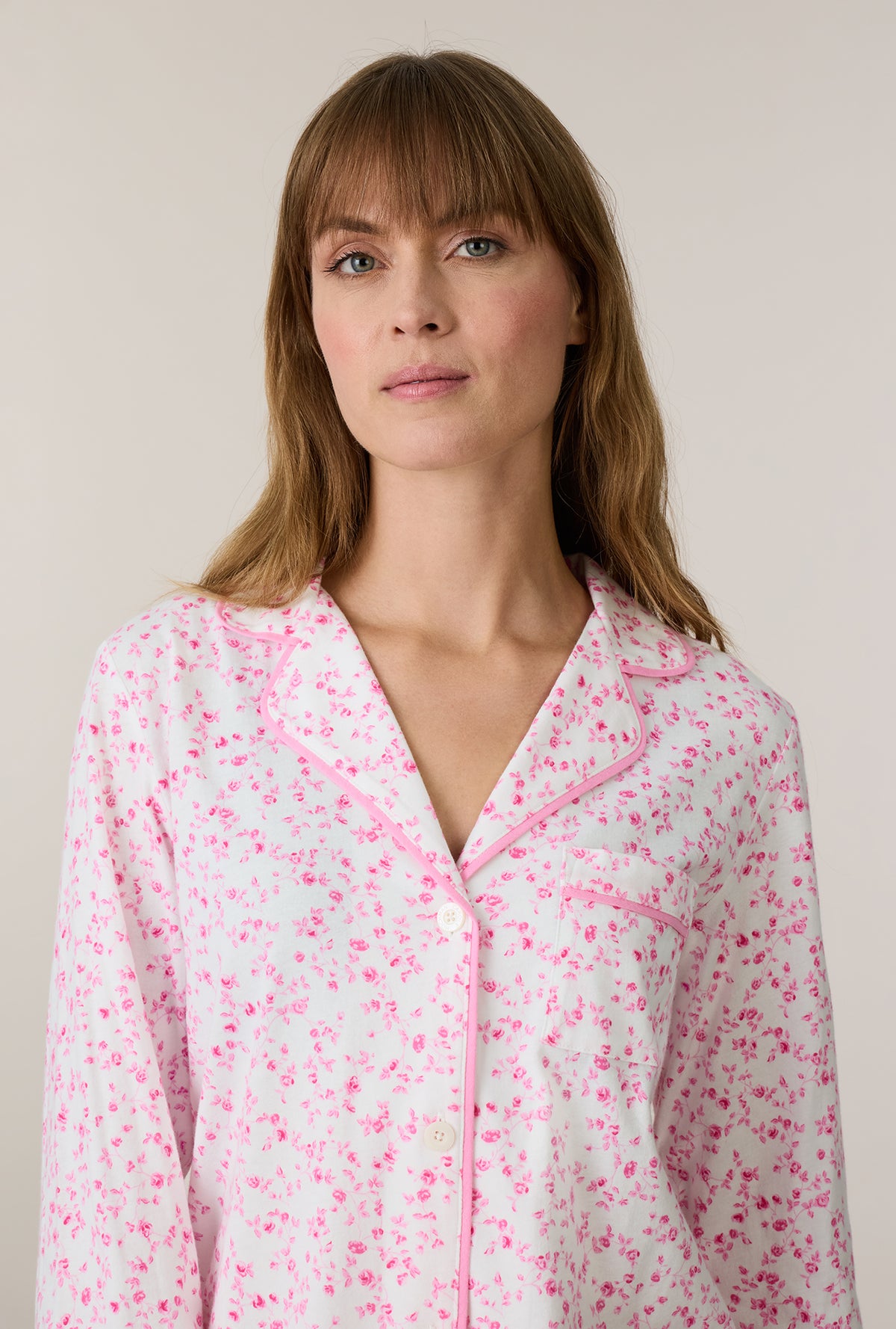A lady wearing Sweet Rosebuds Cotton Notch Collar Long Pajama Set closer look