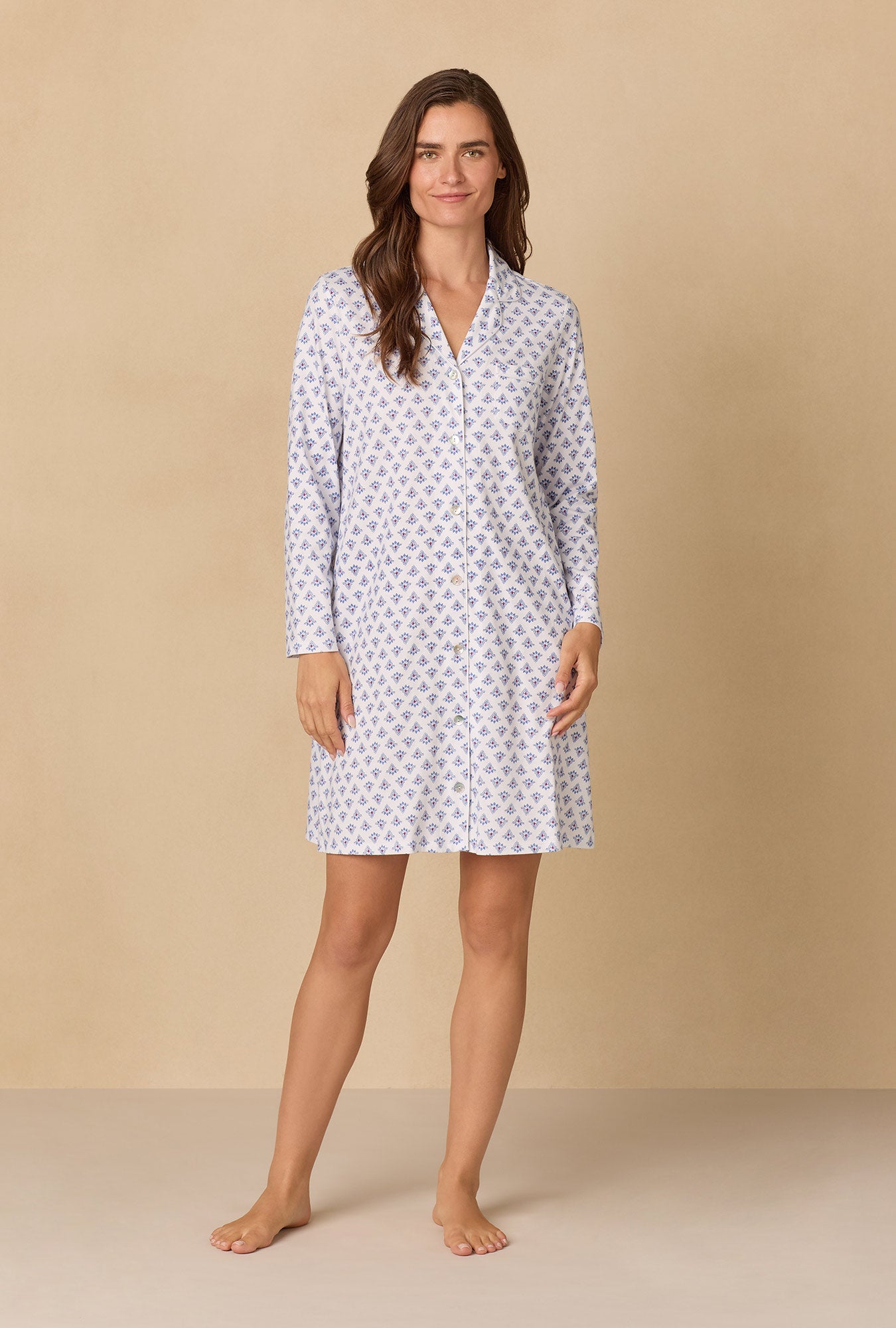 A lady wearing Blue Medallion Short Cotton Knit Nightshirt