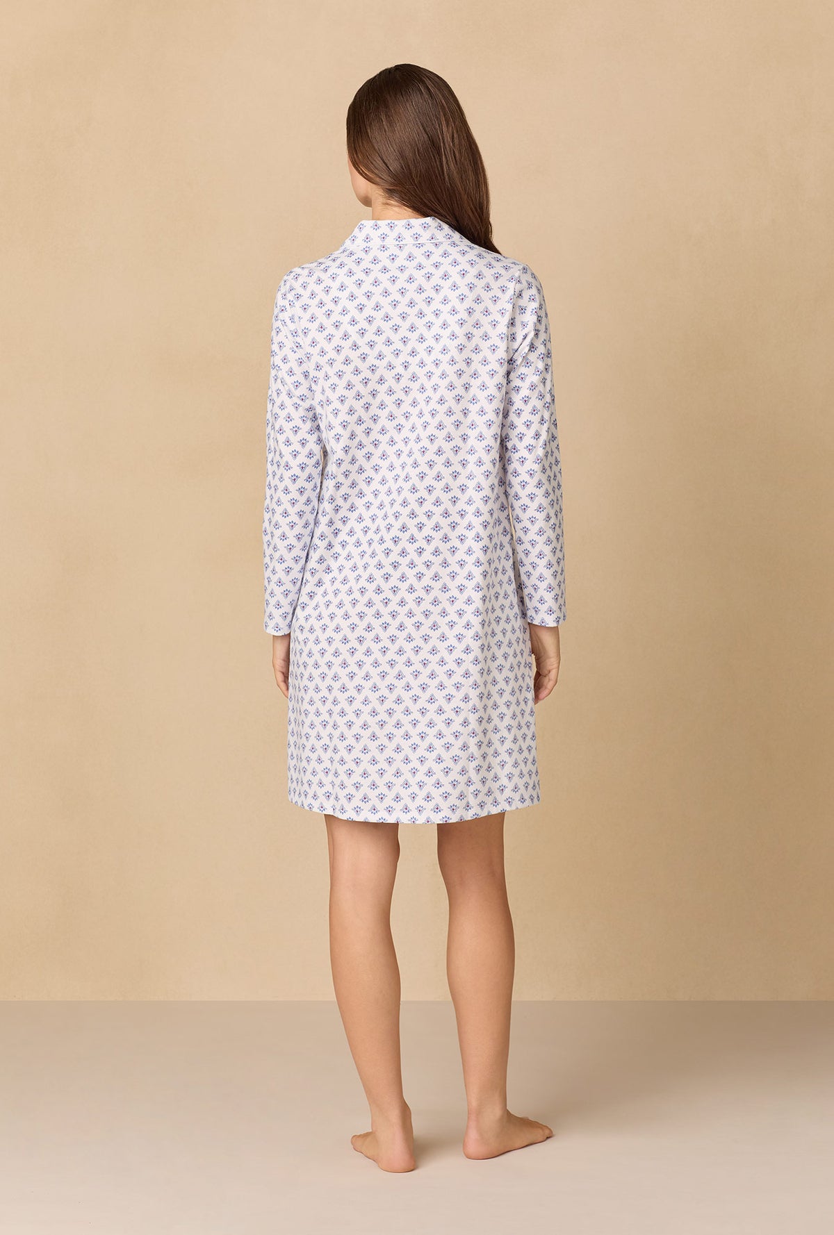 A lady wearing Blue Medallion Short Cotton Knit Nightshirt