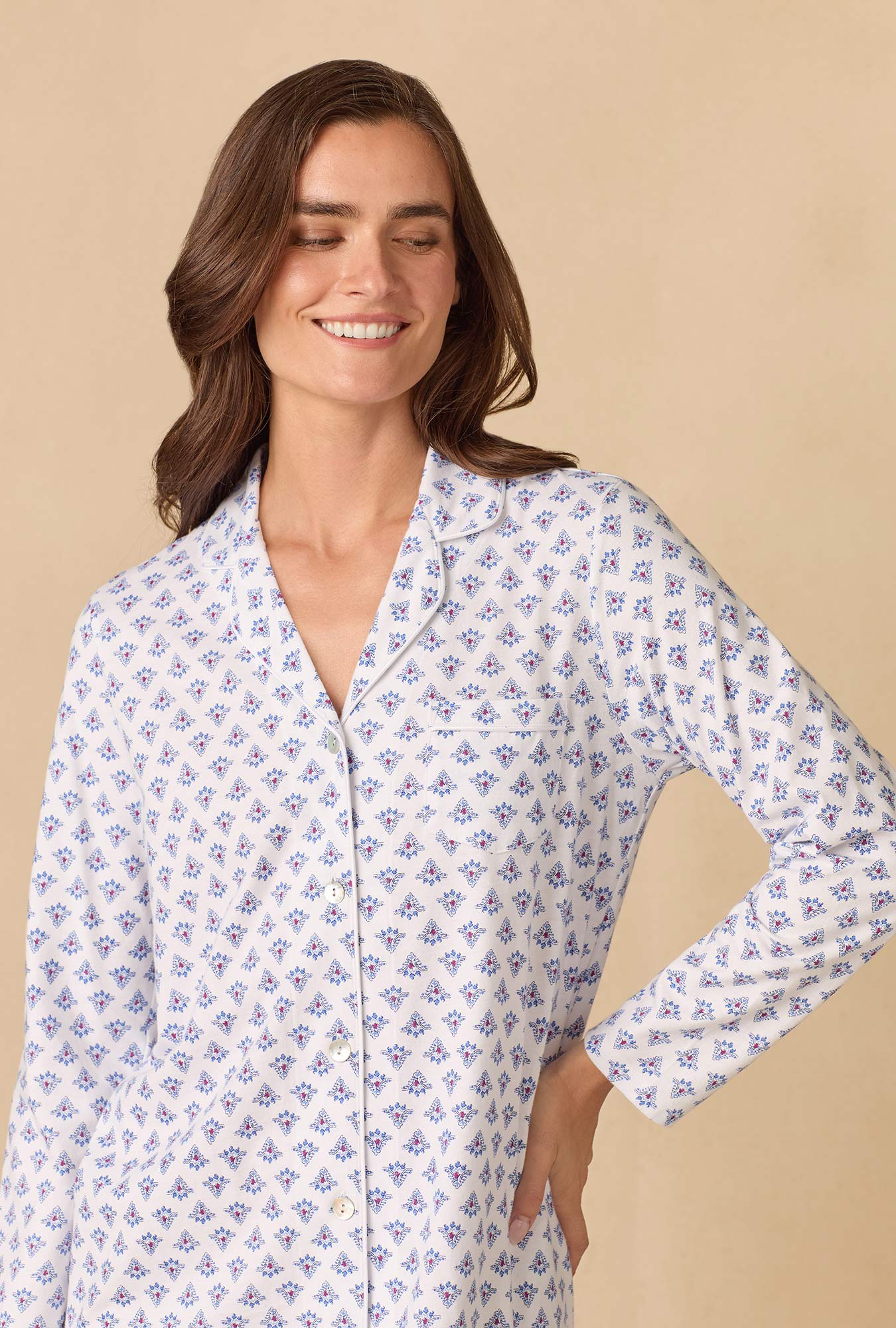 A lady wearing Blue Medallion Short Cotton Knit Nightshirt