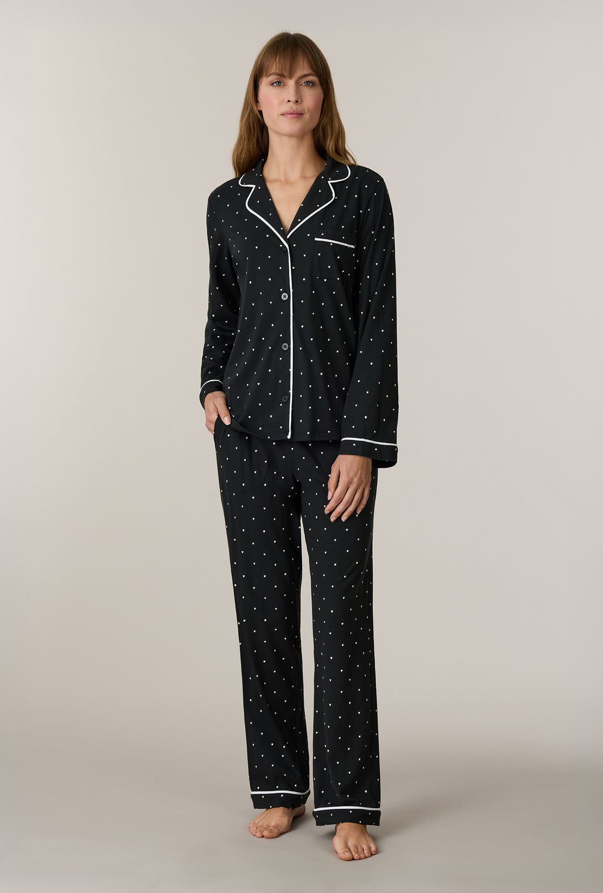 A lady wearing Midnight Hearts Cotton Notch Collar Long Pajama Set