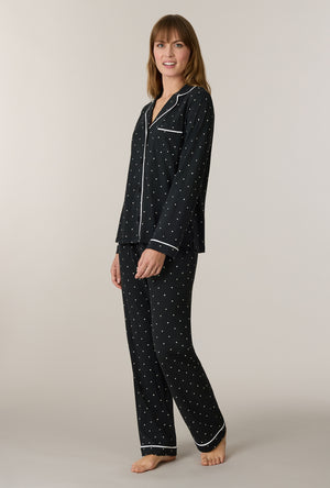 A lady wearing Midnight Hearts Cotton Notch Collar Long Pajama Set walking
