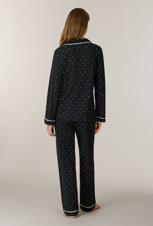 A lady wearing Midnight Hearts Cotton Notch Collar Long Pajama Set back view
