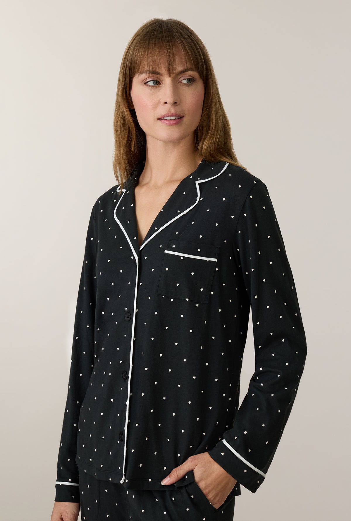 A lady wearing Midnight Hearts Cotton Notch Collar Long Pajama Set closer look