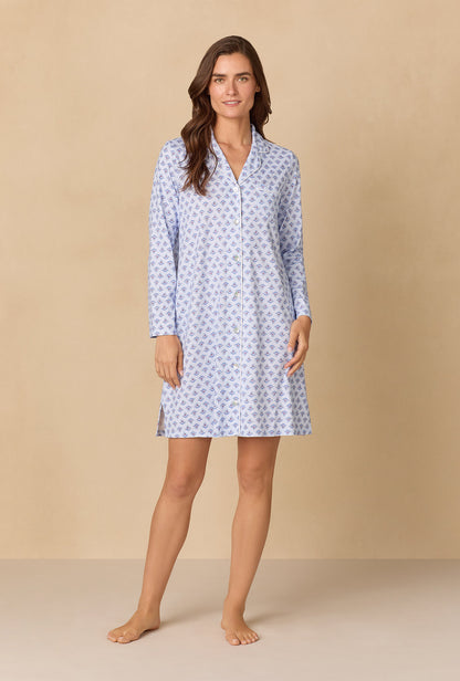 A lady wearing Blue Dreams Short Cotton Knit Nightshirt