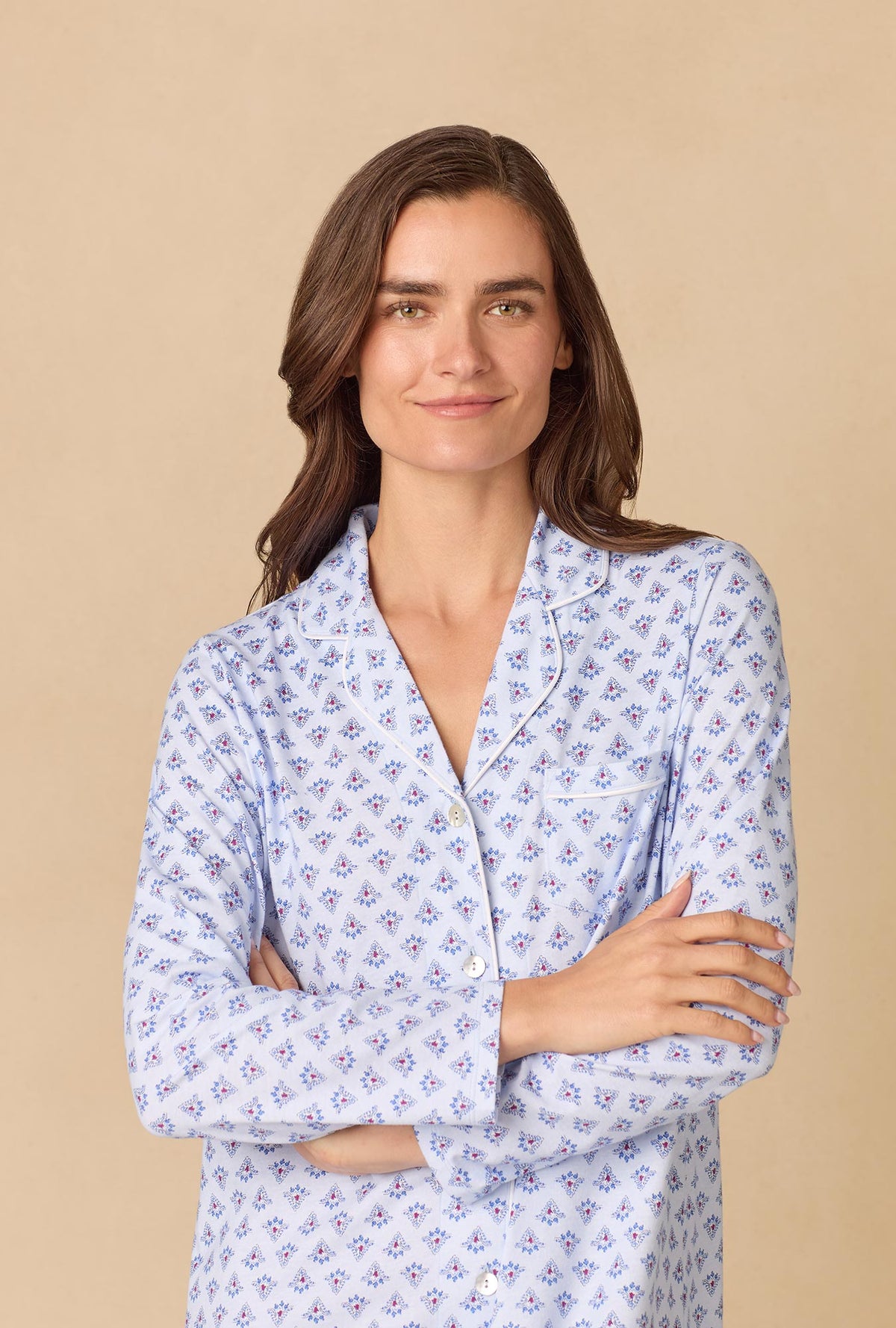 A lady wearing Blue Dreams Short Cotton Knit Nightshirt