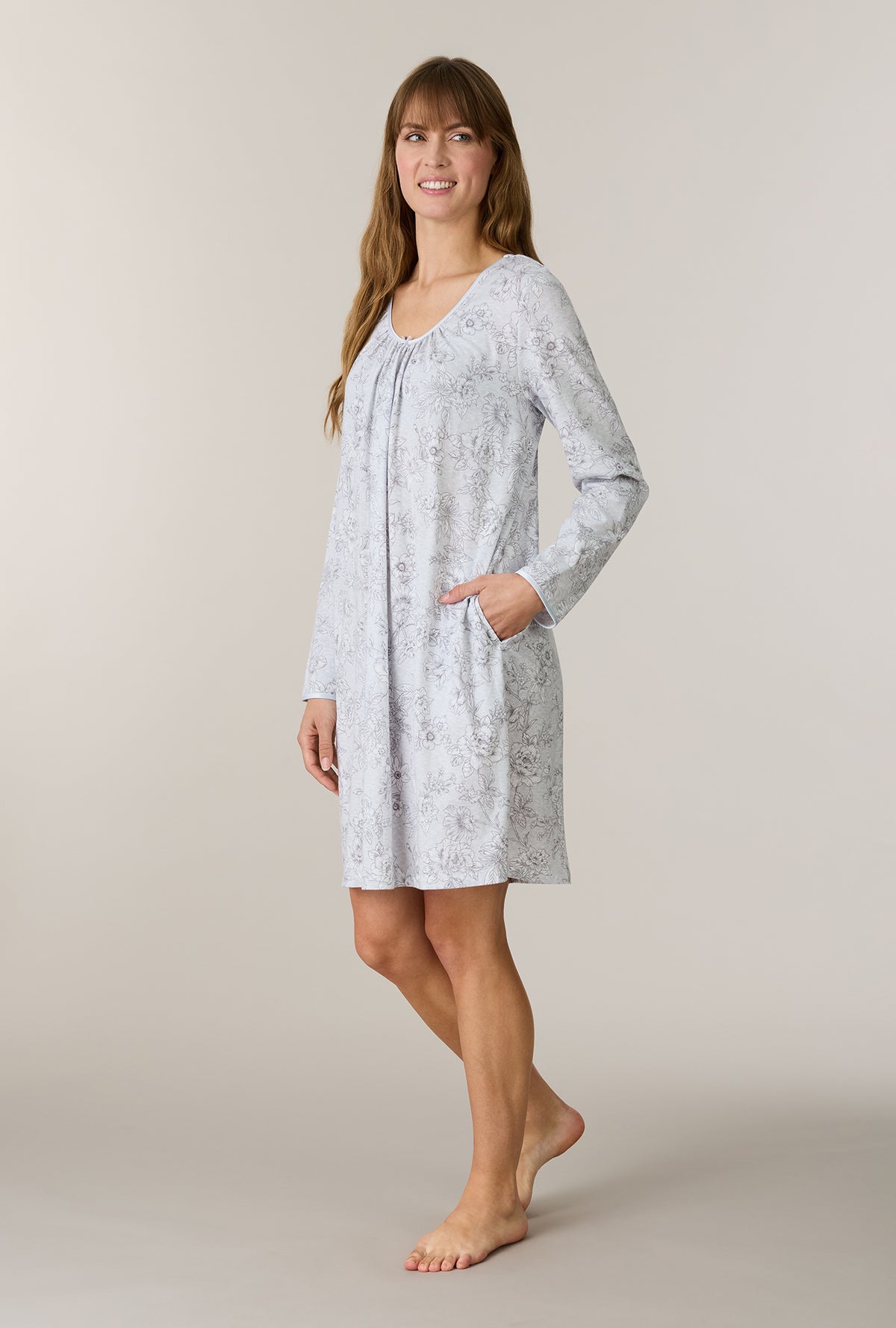 A lady wearing Whisper Garden Cotton Short Nightgown looking side