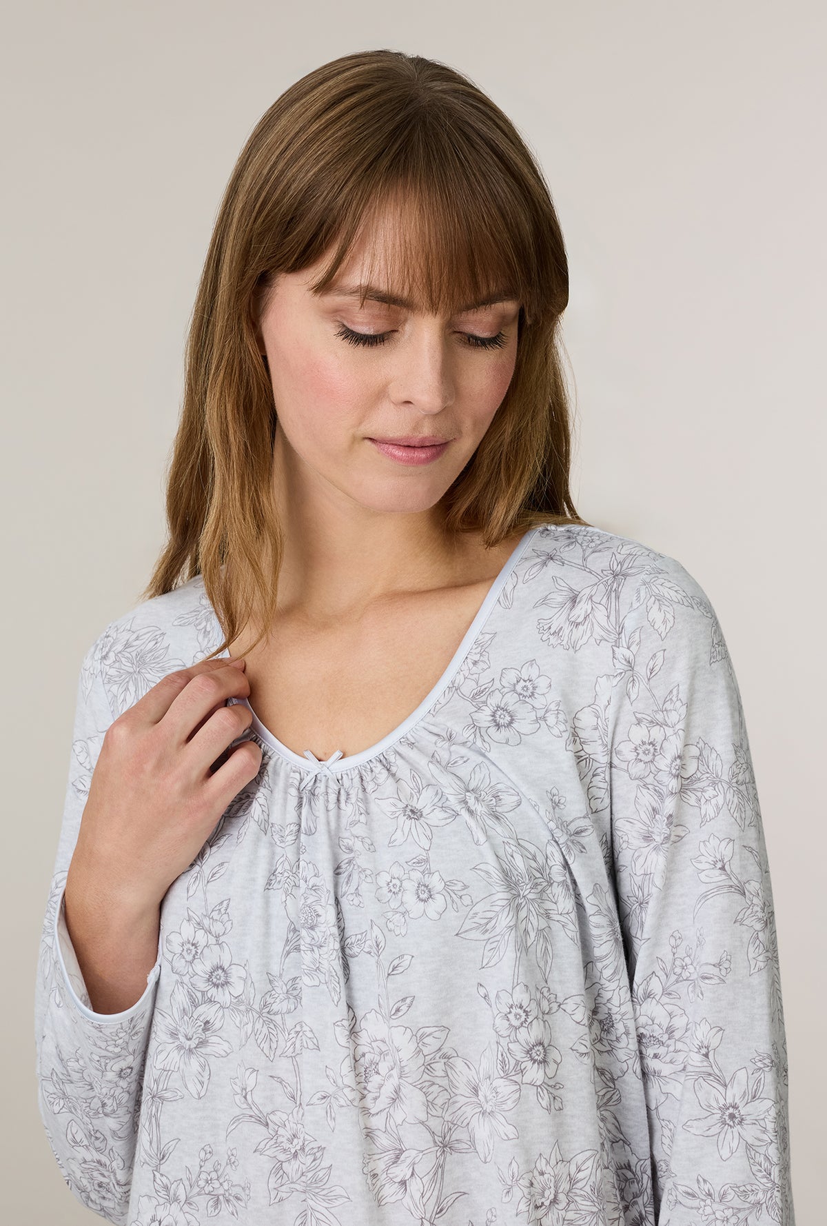 A lady wearing Whisper Garden Cotton Short Nightgown closer look
