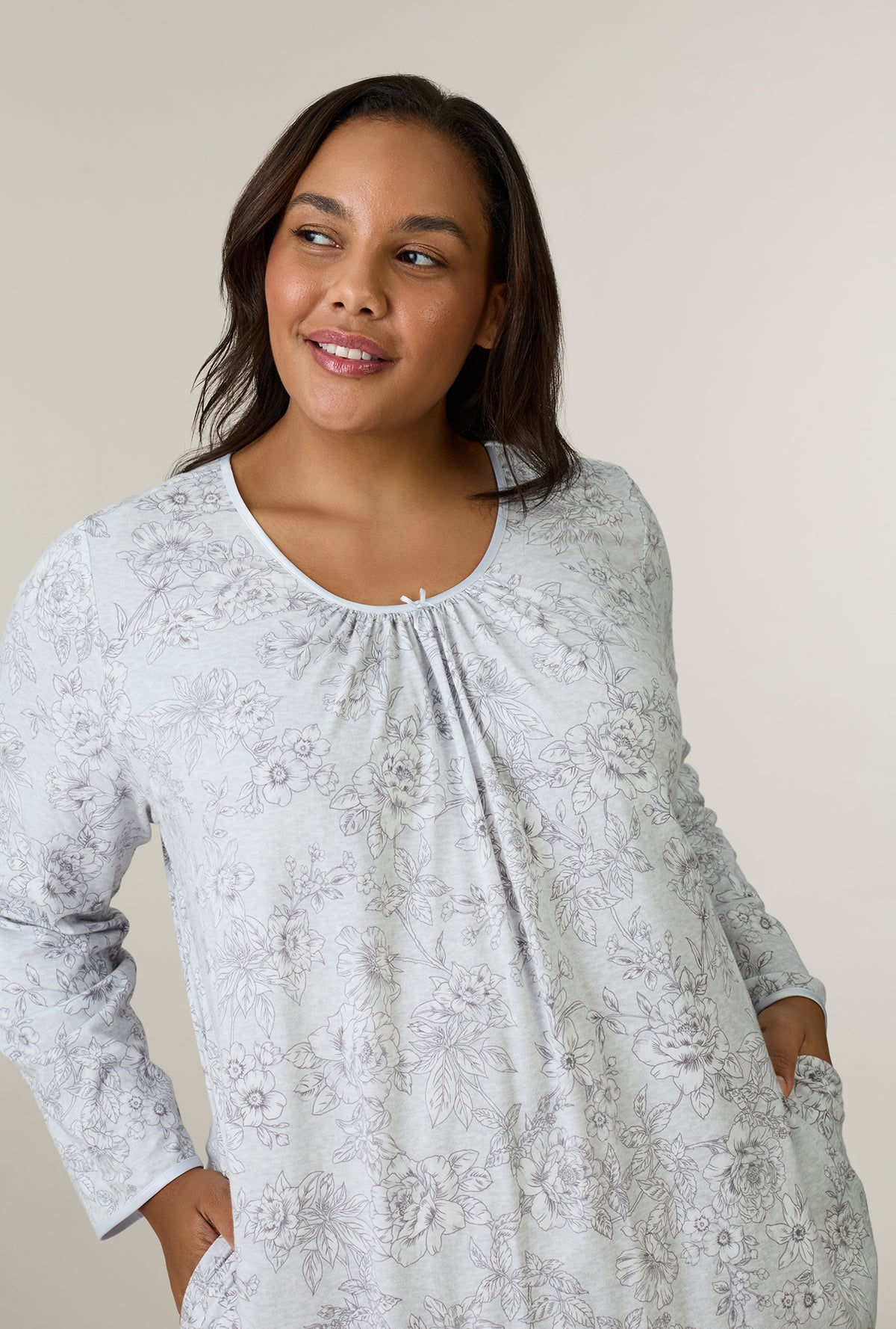 A lady wearing Whisper Garden Cotton Short Nightgown closer look