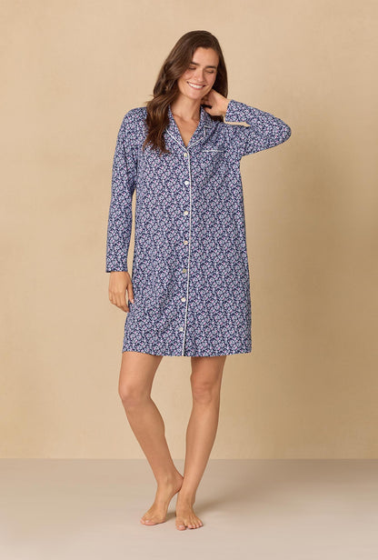 A lady wearing Navy Reverie Ditsy Short Cotton Knit Nightshirt