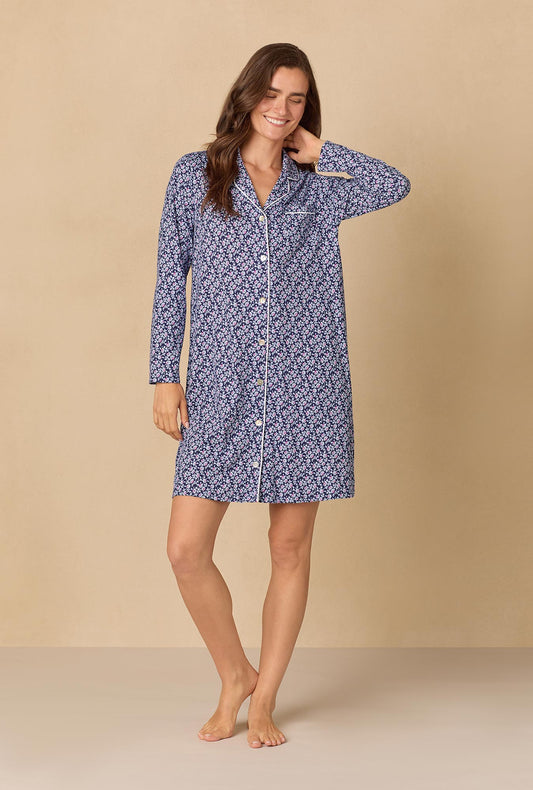 A lady wearing Navy Reverie Ditsy Short Cotton Knit Nightshirt