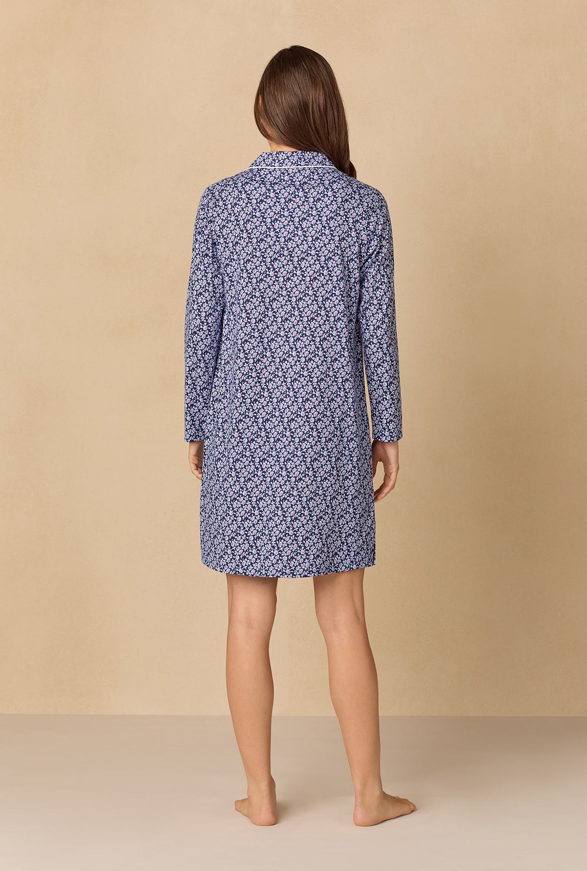 A lady wearing Navy Reverie Ditsy Short Cotton Knit Nightshirt