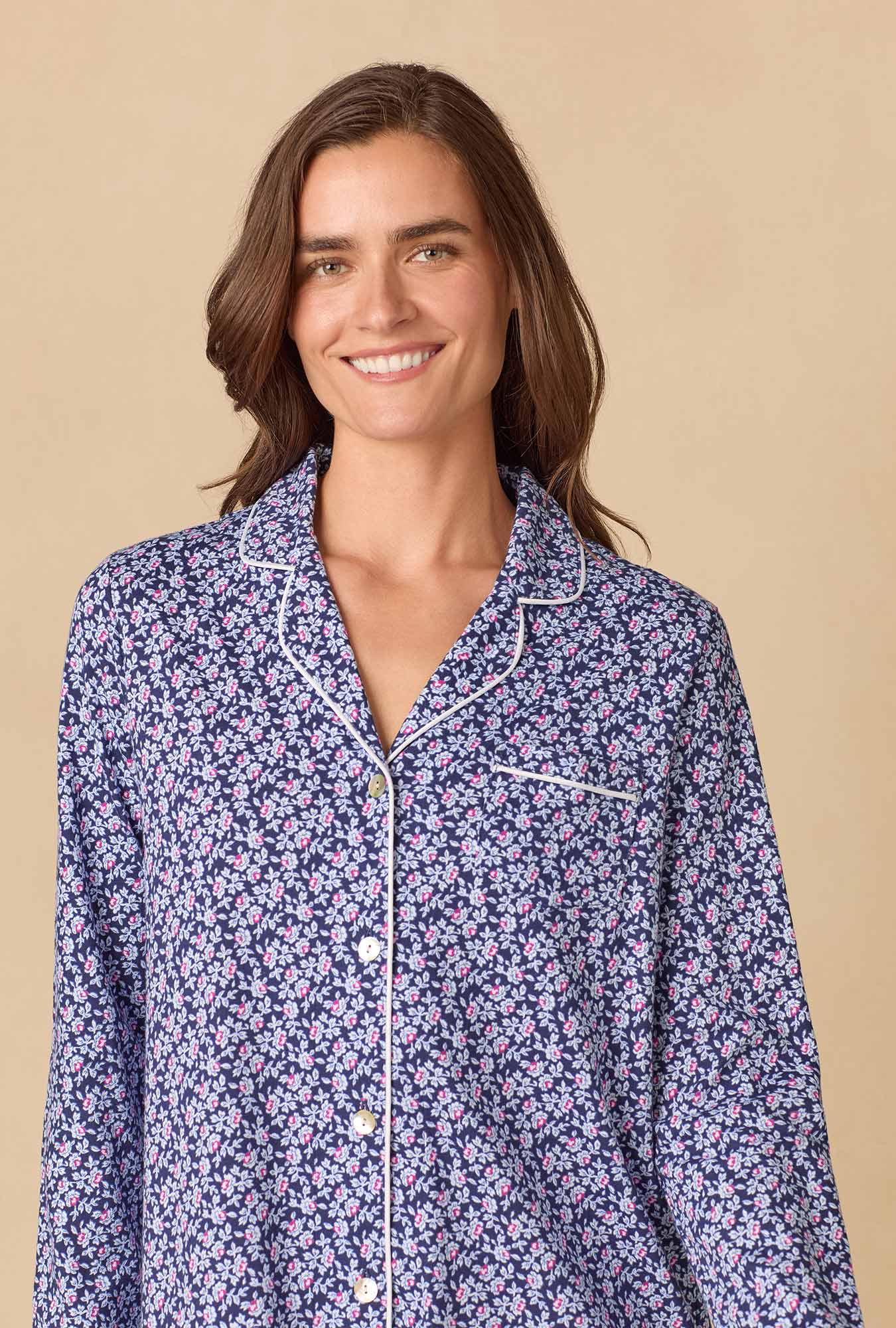 A lady wearing Navy Reverie Ditsy Short Cotton Knit Nightshirt