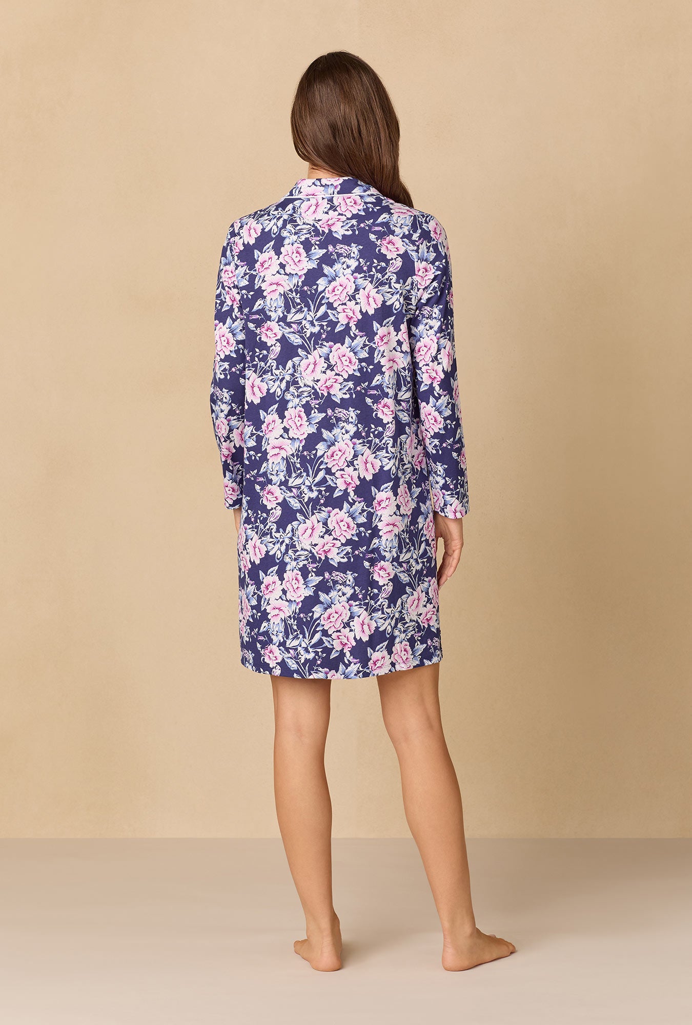 A lady wearing Midnight Garden Short Cotton Knit Nightshirt