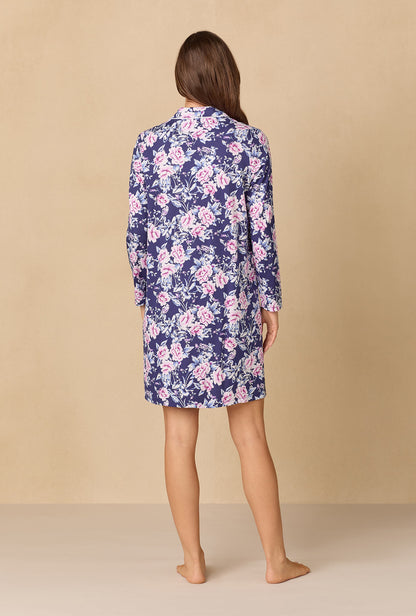 A lady wearing Midnight Garden Short Cotton Knit Nightshirt