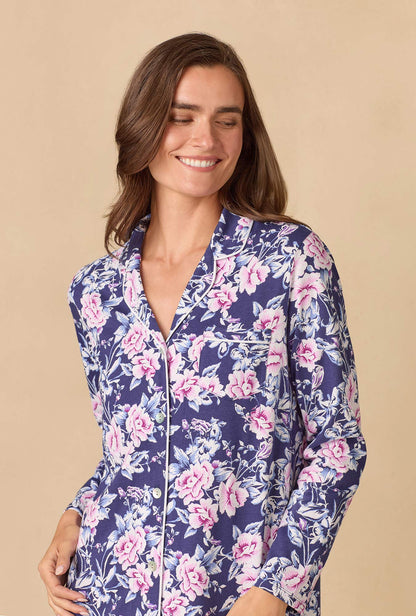 A lady wearing Midnight Garden Short Cotton Knit Nightshirt