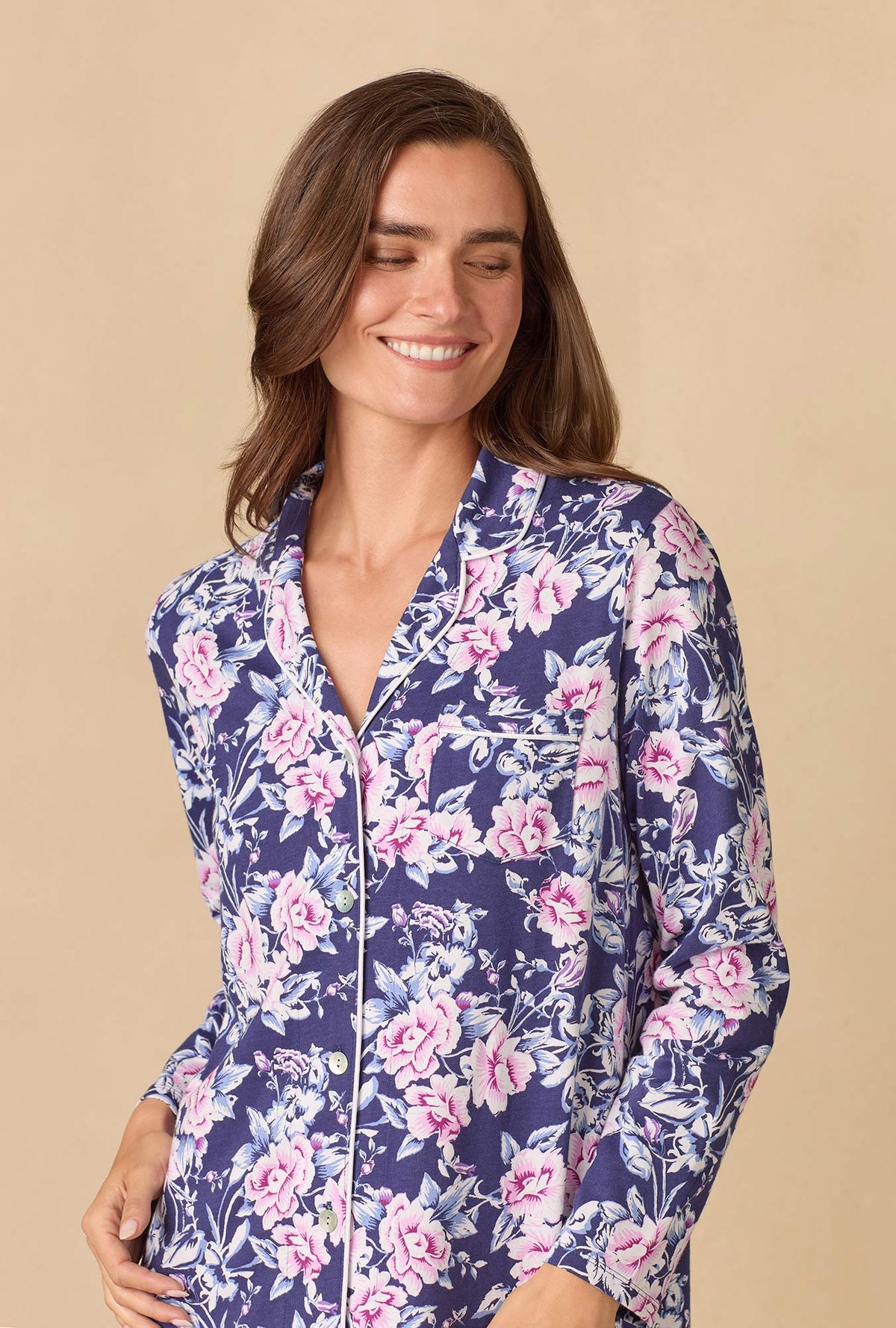 A lady wearing Midnight Garden Short Cotton Knit Nightshirt