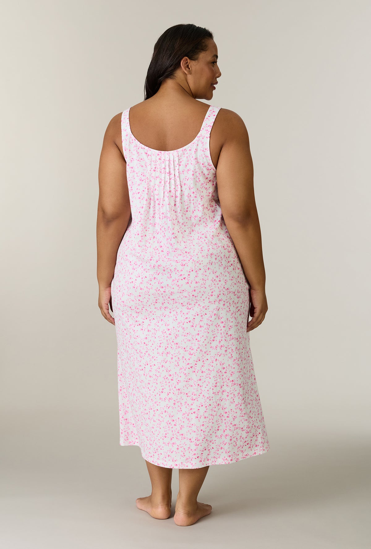 A lady wearing plus size Sweet Rosebuds Cotton Long Chemise back view