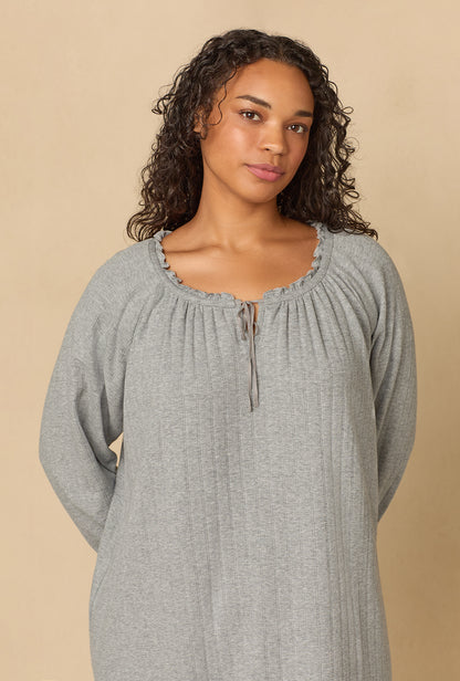 A lady wearing Heather Grey Pointelle Waltz Nightgown