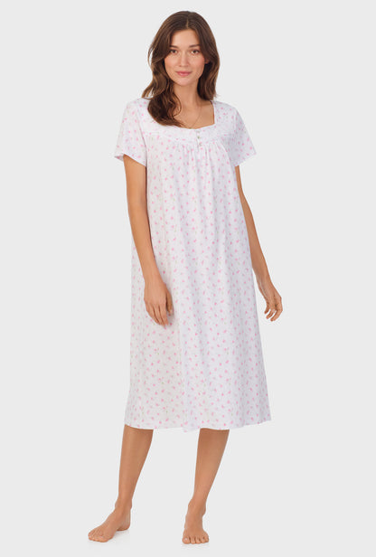 A lady wearing Mini Floral Cap Sleeve Cotton Waltz Nightgown