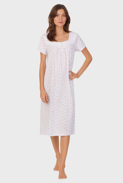 A lady wearing Mini Floral Cap Sleeve Cotton Waltz Nightgown