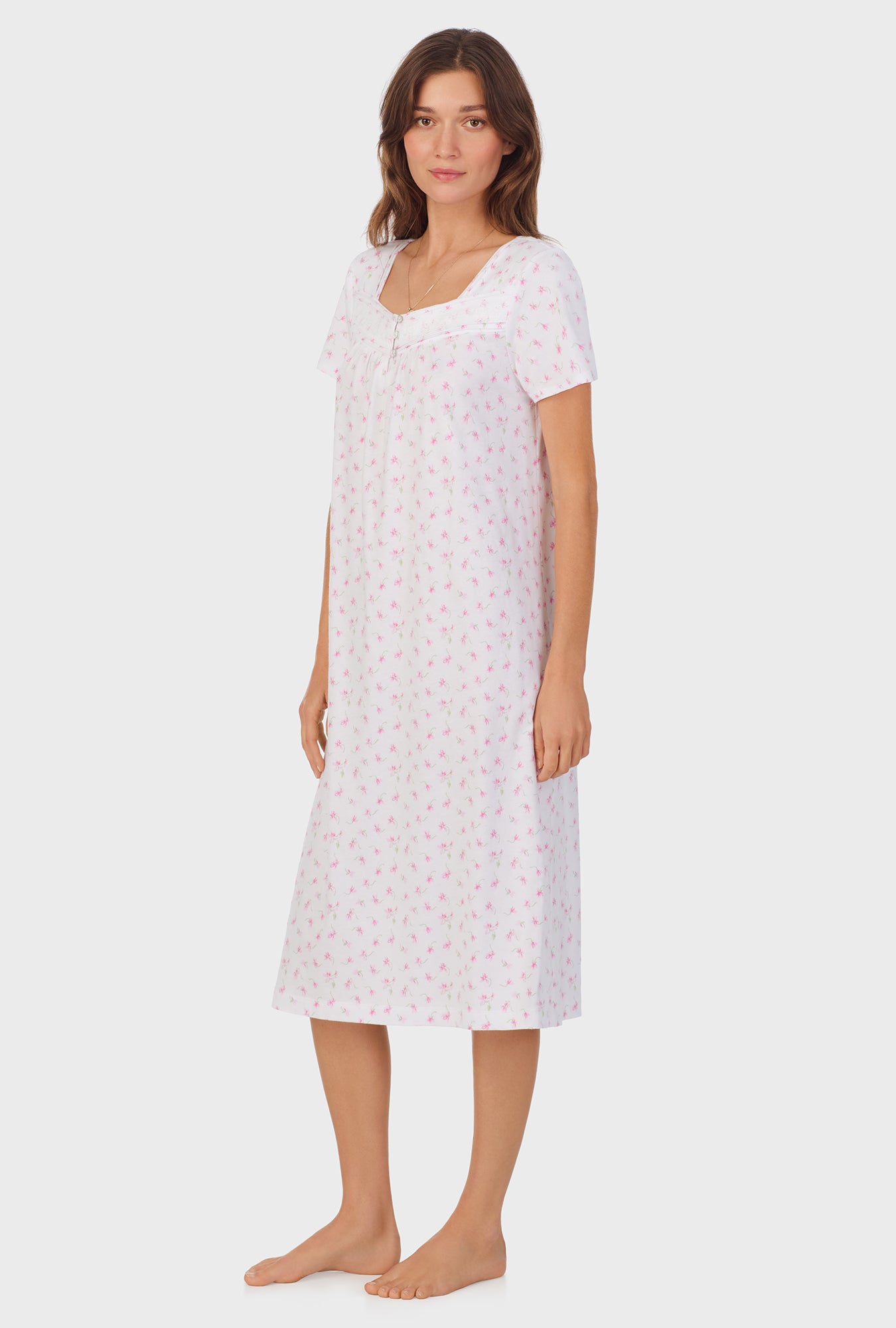 A lady wearing Mini Floral Cap Sleeve Cotton Waltz Nightgown