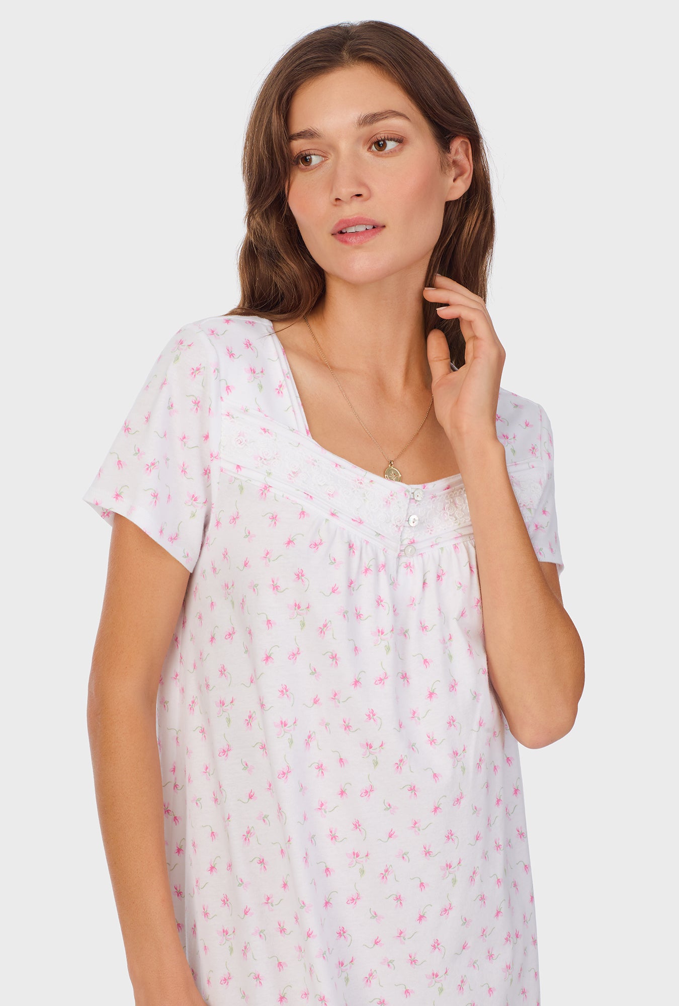 A lady wearing Mini Floral Cap Sleeve Cotton Waltz Nightgown