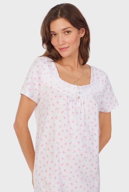 A lady wearing Mini Floral Cap Sleeve Cotton Waltz Nightgown