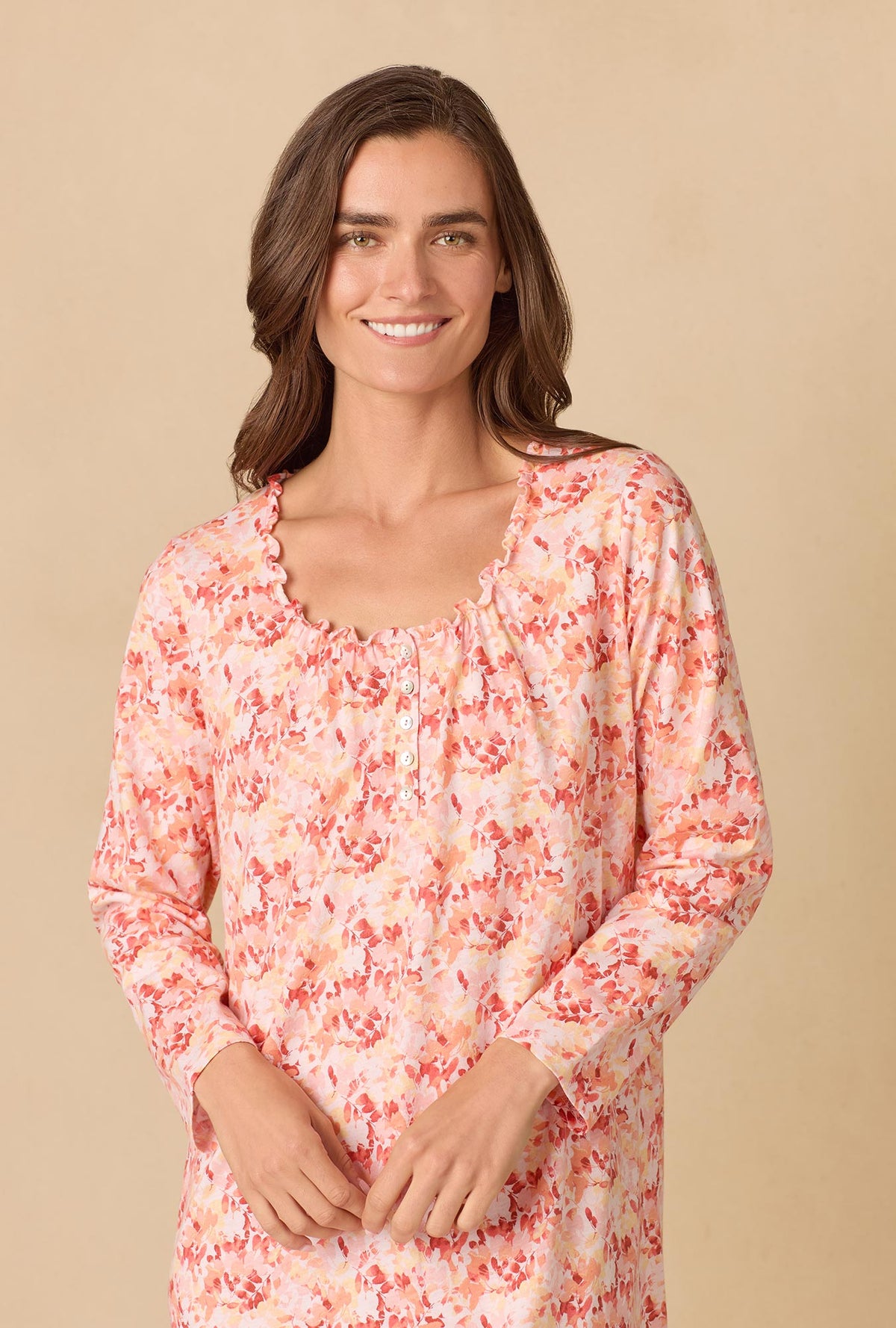 A lady wearing Rosewood Leaves Short Cotton Knit Nightgown