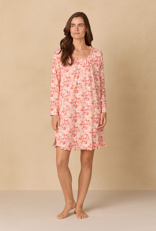 A lady wearing Rosewood Leaves Short Cotton Knit Nightgown