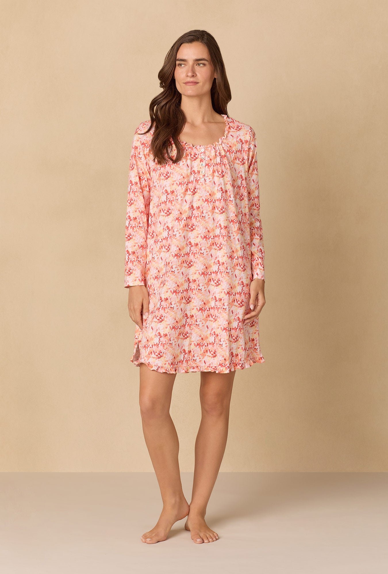 A lady wearing Rosewood Leaves Short Cotton Knit Nightgown