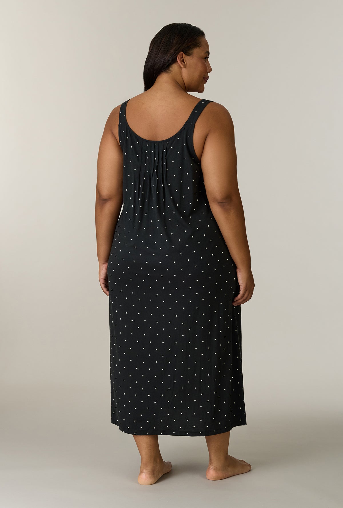A lady wearing plus size Midnight Hearts Cotton Long Chemise back view