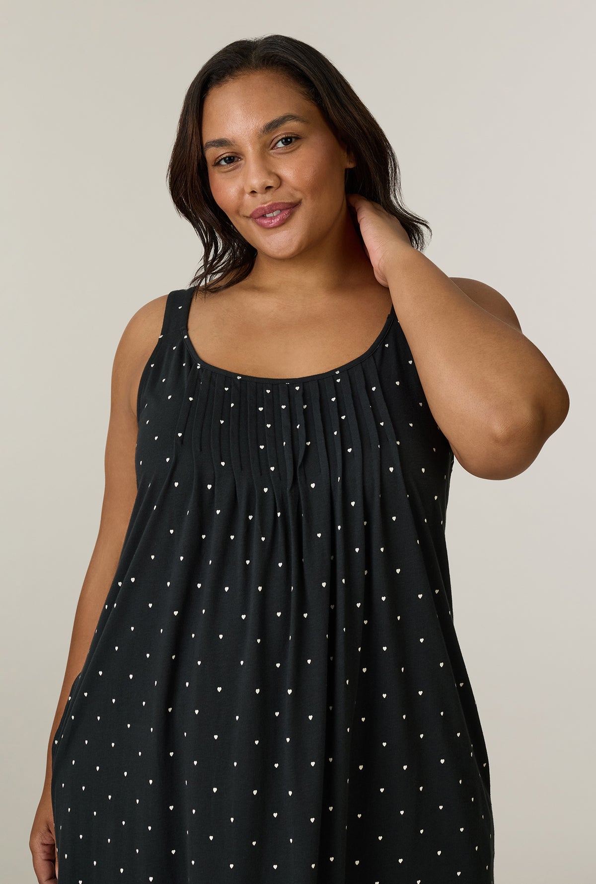 A lady wearing plus size Midnight Hearts Cotton Long Chemise closer look