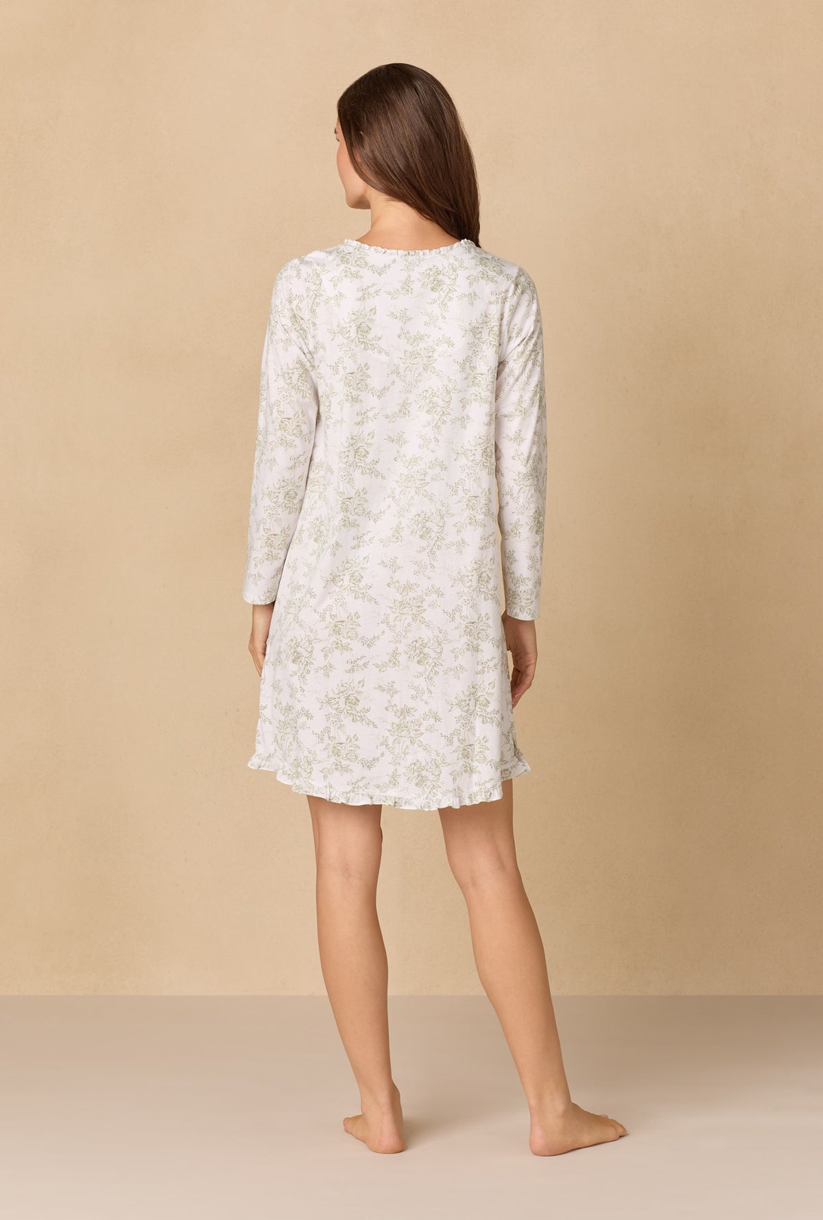 A lady wearing Whispering Rose Toile Short Cotton Knit Nightgown