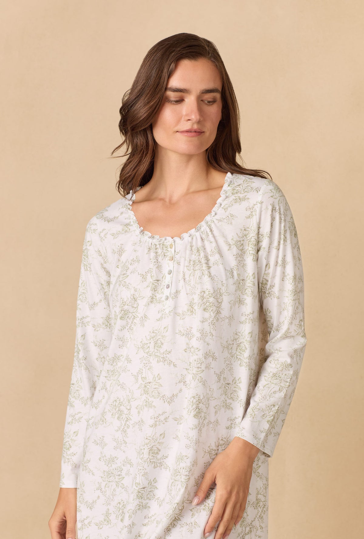 A lady wearing Whispering Rose Toile Short Cotton Knit Nightgown