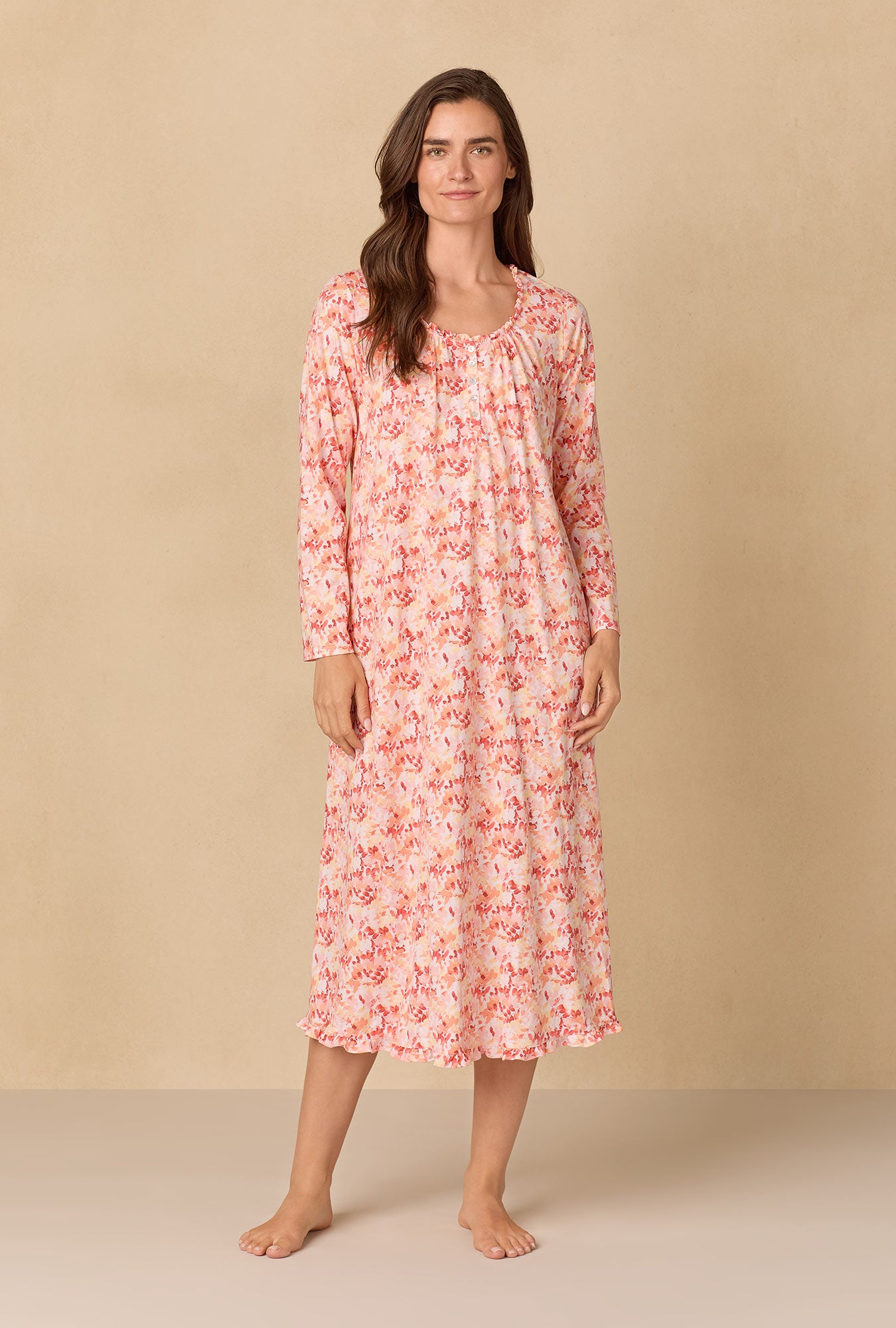 A lady wearing Rosewood Leaves Long Cotton Knit Nightgown