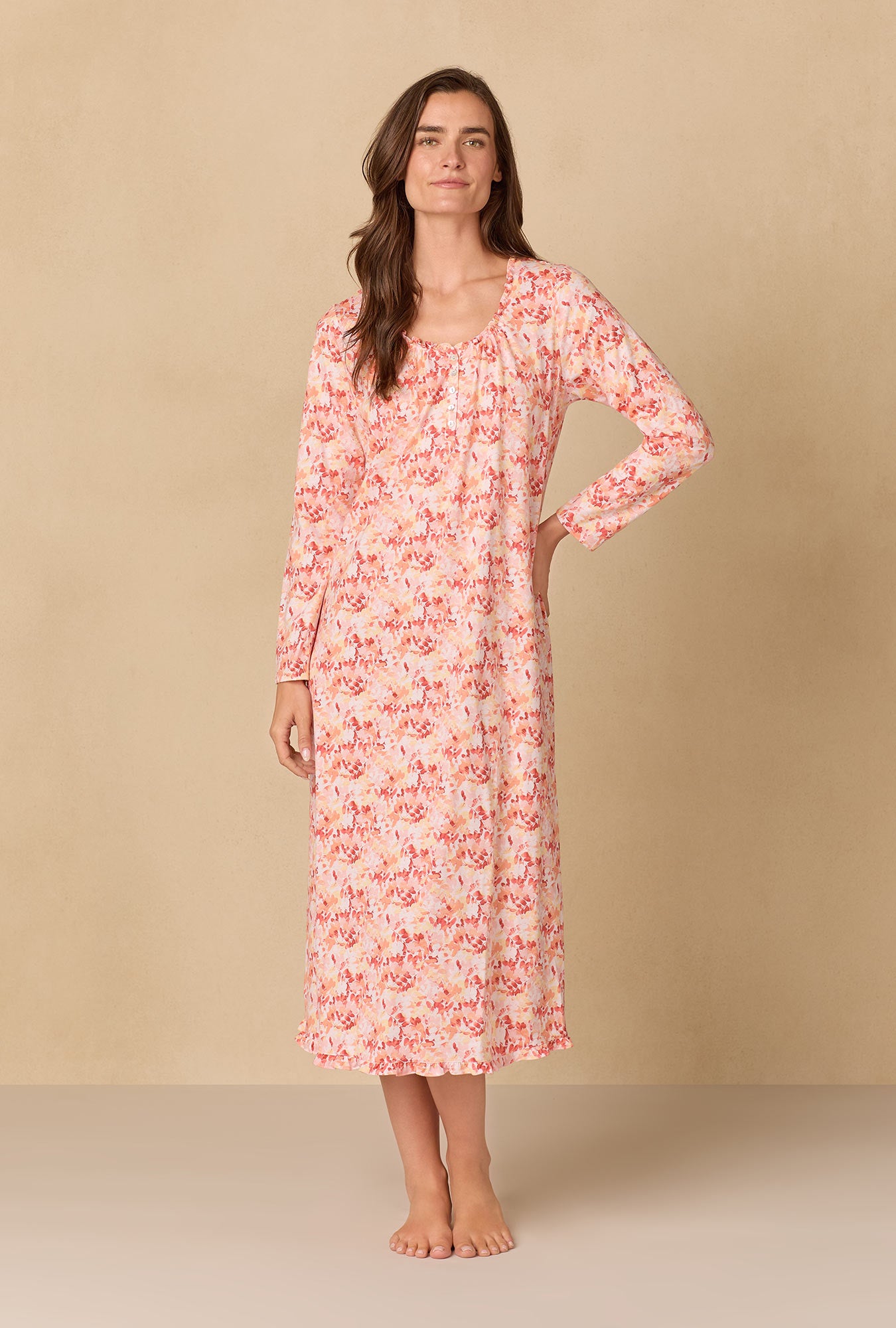 A lady wearing Rosewood Leaves Long Cotton Knit Nightgown