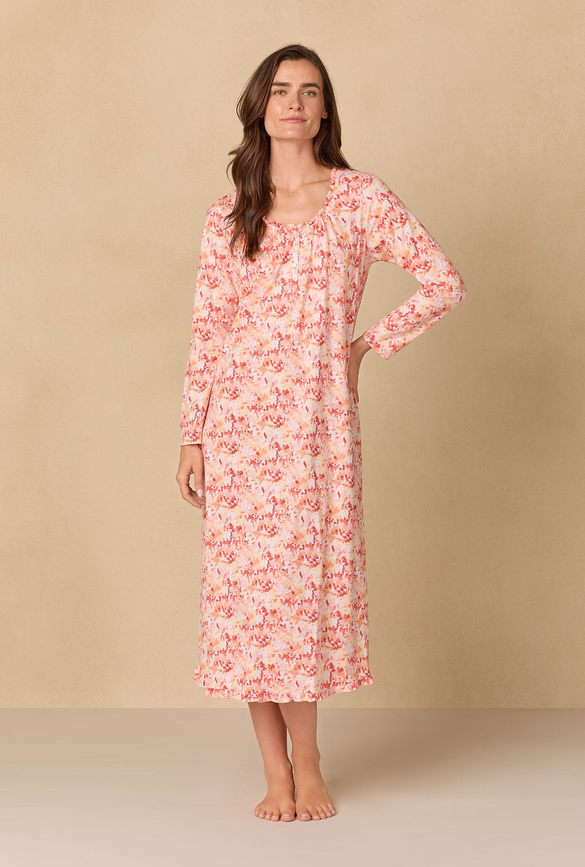 A lady wearing Rosewood Leaves Long Cotton Knit Nightgown